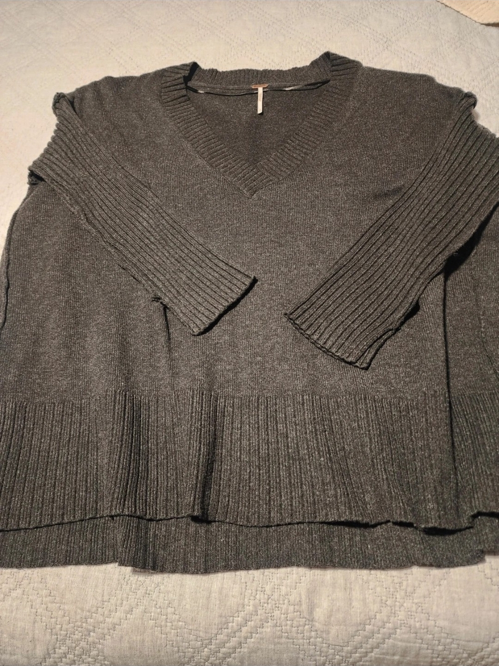 Free People Charcoal Gray V-Neck Ribbed Hem Sweater